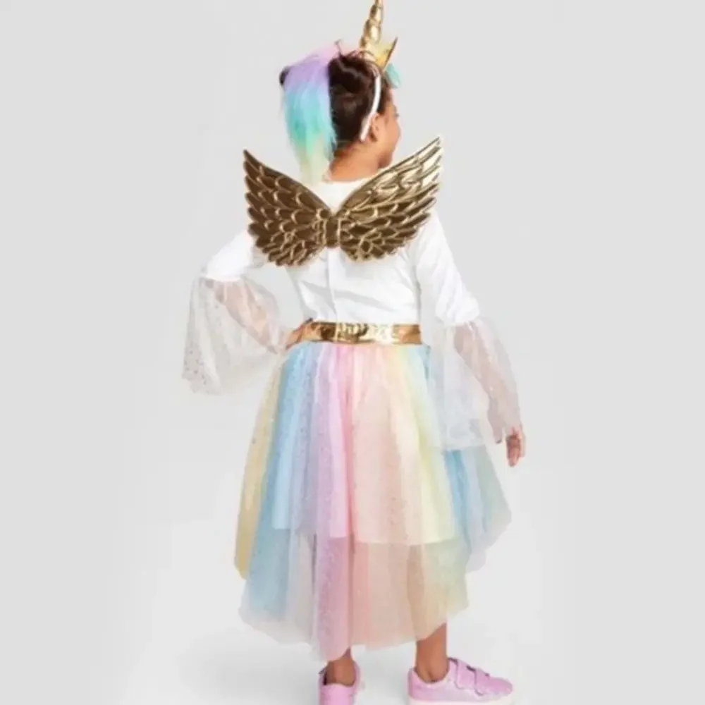 Girls Rainbow Unicorn Costume Dress Beautiful Sparkle‎ Sequin Angel Wings Large